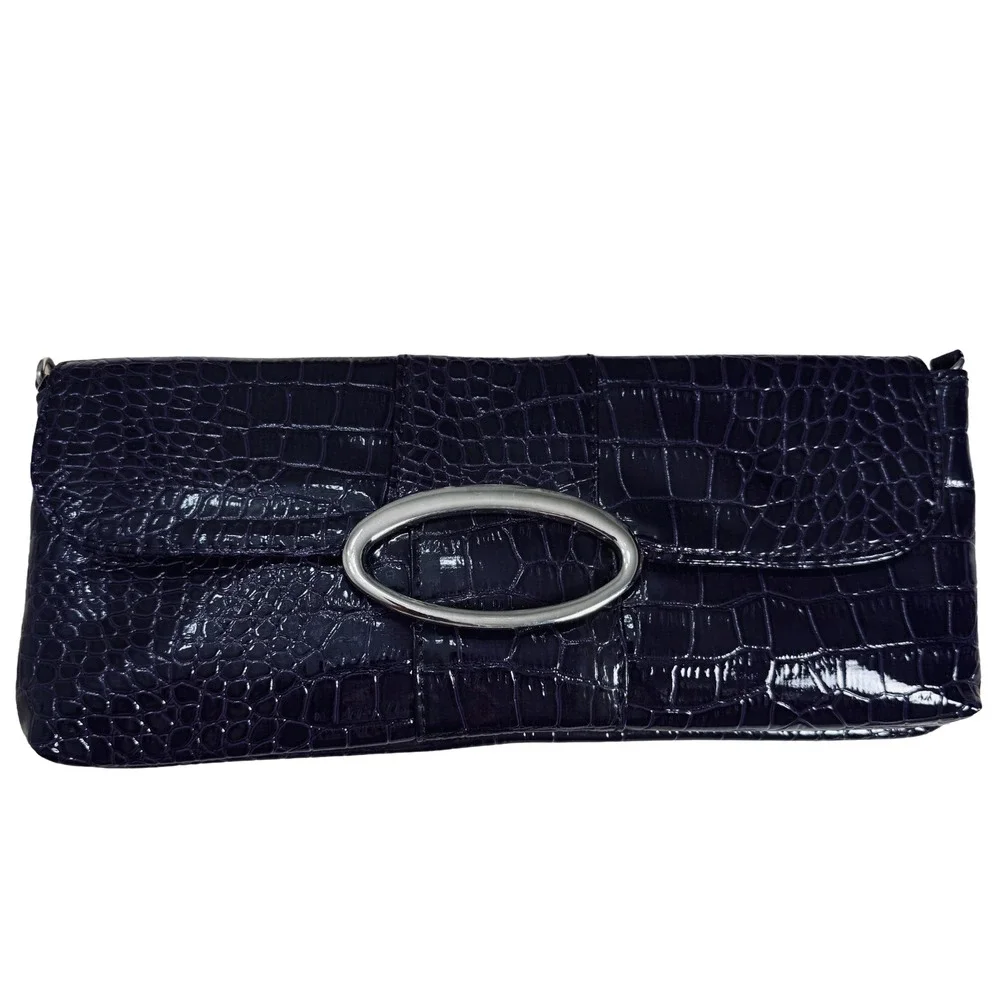 Bellini Purple Croc Embossed Clutch Silver Hardware Wrist Shoulder Strap NWT